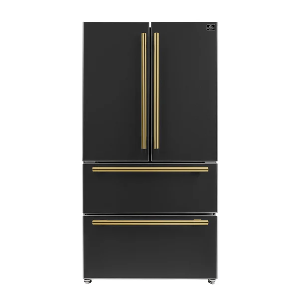 FORNO Espresso Moena 36" 19.2 cu. ft. Refrigerator with Ice Maker in Black with Antique Brass Handles, FFRBI1820-36BLK